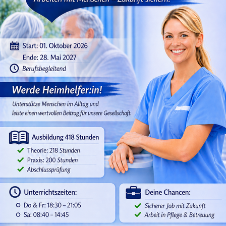 Ein Flyer für eine Pflegeausbildung zeigt eine lächelnde Frau in blauer Uniform. Das Programm beginnt am 1. Oktober 2026 und endet am 28. Mai 2027. Es umfasst 418 Stunden Ausbildung, davon 218 Stunden Theorie und 200 Stunden Praxis. Der Unterricht findet von Montag bis Freitag von 18:30 bis 21:05 Uhr und samstags von 08:40 bis 14:45 Uhr statt. Es bietet einen sicheren Job mit Zukunft in Pflege und Betreuung.
