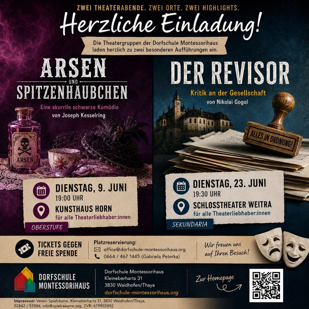Plakat für zwei Theateraufführungen der Dorschule Montessorihaus. Erste Aufführung ist Arsen und Spitzenhaube, eine Komödie von Joseph Kesselring. Zweite Aufführung ist Der Revisor, eine Kritik von Nikolai Gogol. Details zu Datum, Zeit und Ort.