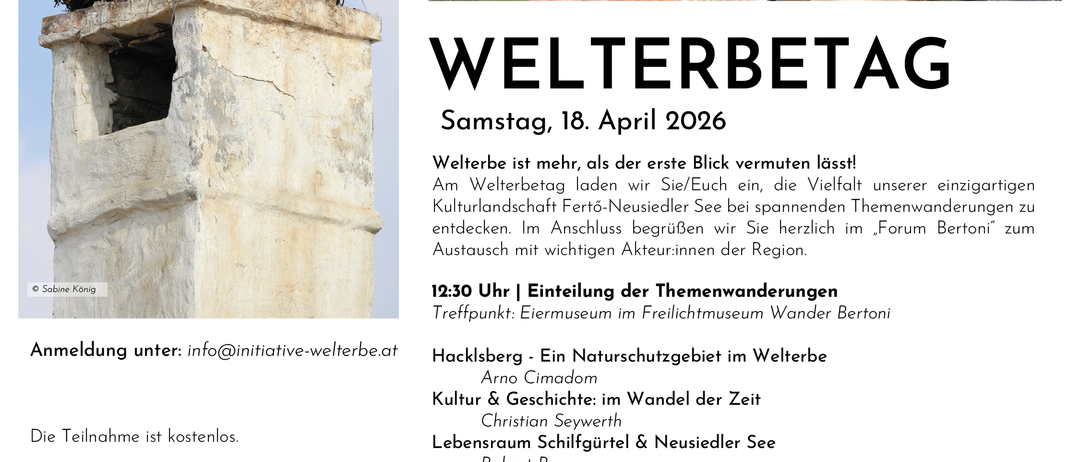 Ein Plakat für Welterbetag, eine Veranstaltung am 18. April 2026. Das Plakat zeigt einen Storch auf einem Nest auf einem Schornstein, mit einem malerischen Dorf und einem Fluss im Hintergrund. Die Veranstaltung bietet geführte Touren, Aktivitäten und ein Forum zum Austausch. Die Teilnahme ist kostenlos.