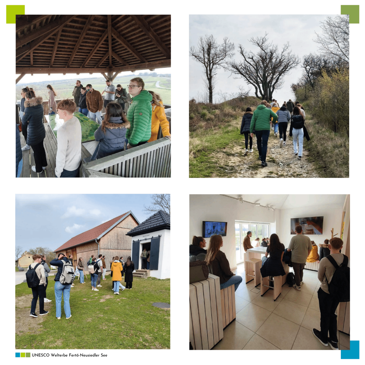 Vier Fotos zeigen Menschen bei Outdoor-Aktivitäten. Erstes Bild: Eine Gruppe steht auf einer Veranda mit Aussicht. Zweites Bild: Eine Gruppe läuft auf einem Feldweg. Drittes Bild: Eine Gruppe steht vor einem Scheunengebäude. Viertes Bild: Eine Gruppe ist drinnen, manche sitzen an Tischen.