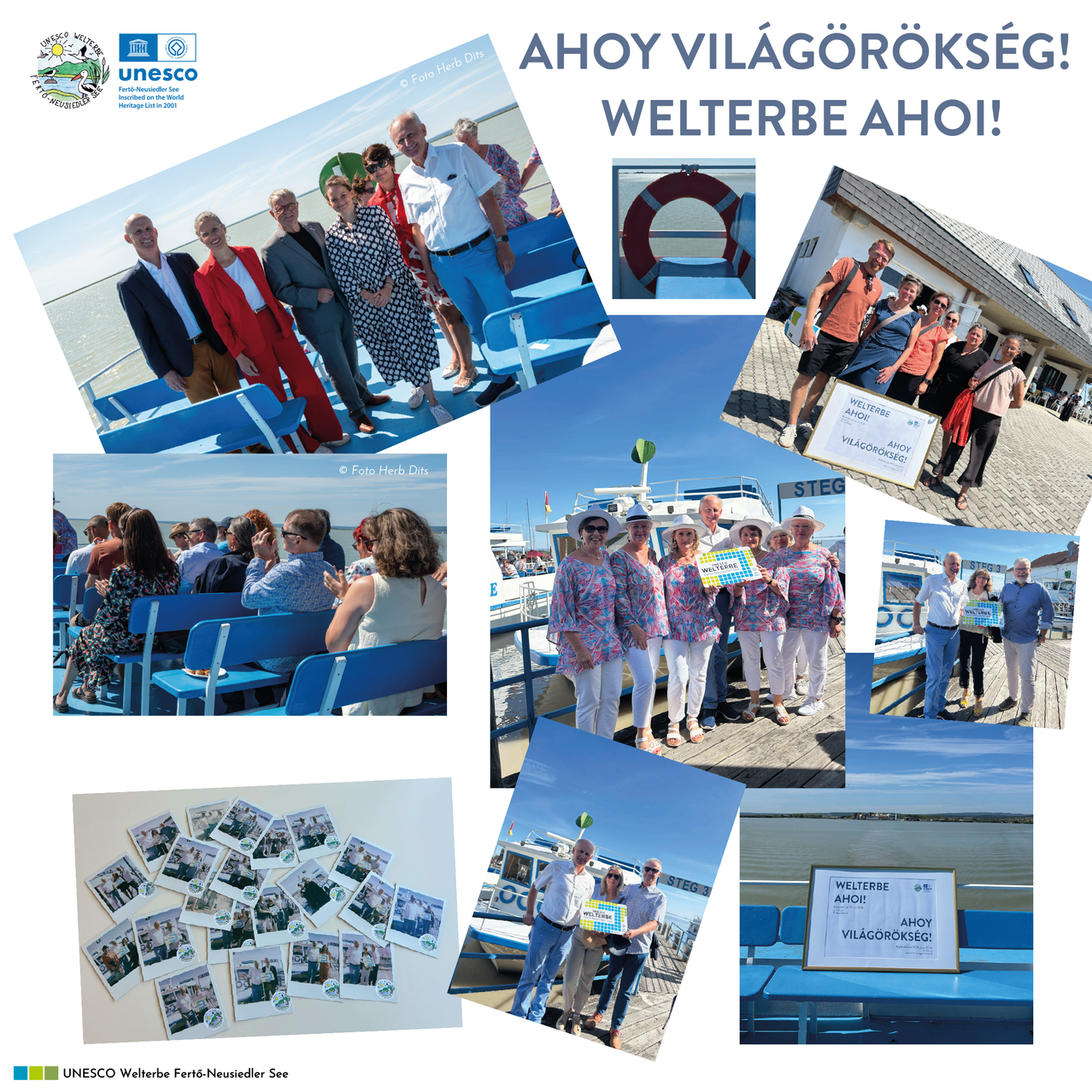 UNESCO Welterbe Fertő-Neusiedler See: Gruppenfoto von Touristen auf einem Boot vor der Küste