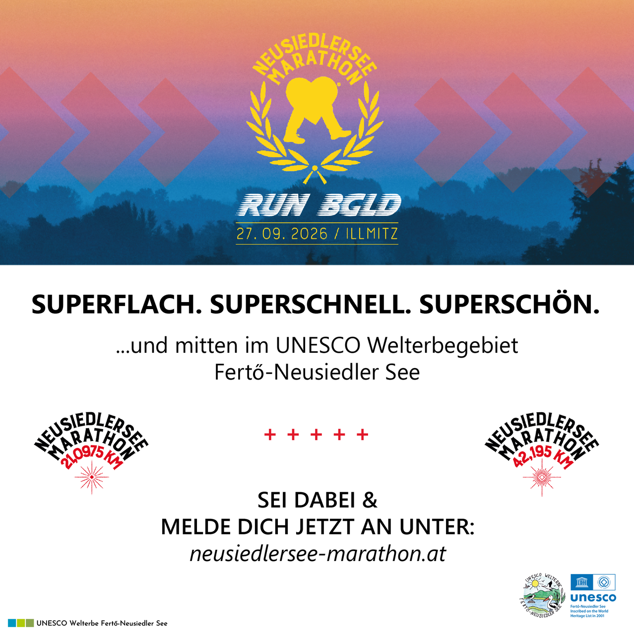 Plakat für den Neusiedlersee Marathon, mit einer Silhouette eines Bären, Veranstaltungsdatum 27.09.2016, Ort Illmitz und einer landschaftlichen Kulisse.
