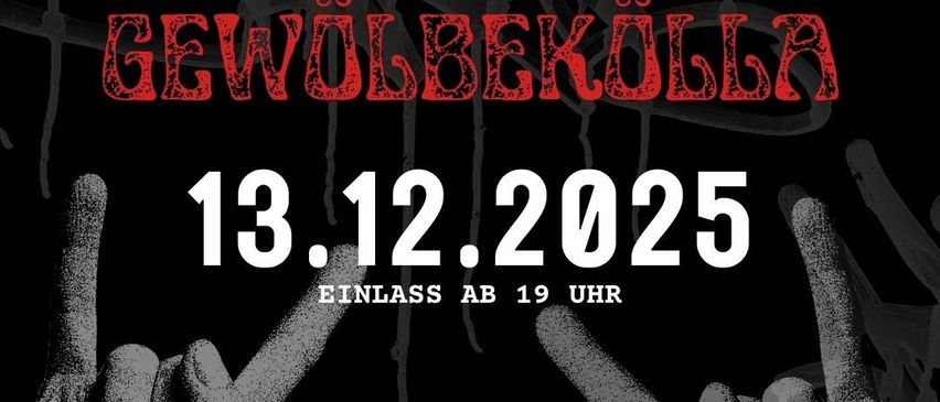 Schwarz-weißes Plakat mit Rock-Thema. Es zeigt ein Rock-Schild, Hände mit Rock-Gesten und den Text 'Rock the Gewolbekeller' mit dem Datum '13.12.2025' und 'Einlass ab 19 Uhr'.