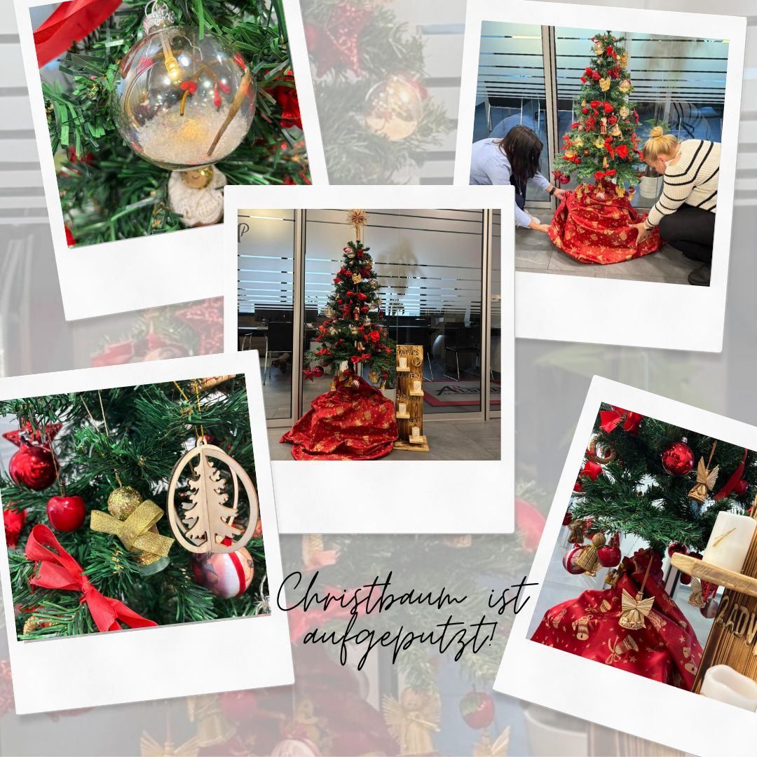 Eine Collage von Fotos, die die Dekoration eines Weihnachtsbaums mit Ornamenten, einer Person, die ihn schmückt, und einer anderen Person, die eine rote Abdeckung für den Baum hält, zeigt.
