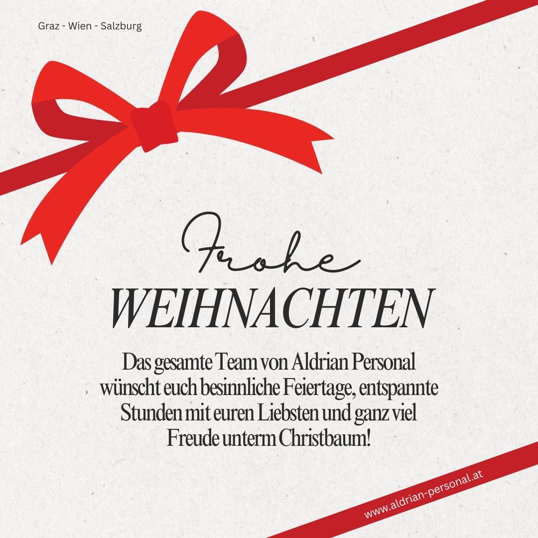 Eine festliche Grußkarte mit rotem Band und Schleife. Der Text 'Frohe Weihnachten' steht in Deutsch geschrieben darunter. Darunter wünscht das ganze Team von Adrian Personal besinnliche Feiertage, entspannte Stunden mit Ihren Lieben und ganz viel Freude unter dem Christbaum.