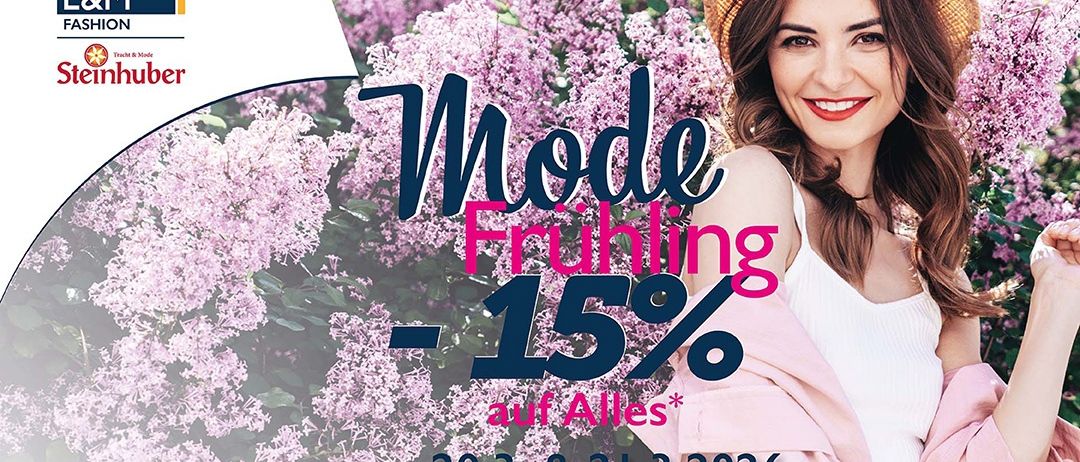 Eine lächelnde Frau vor lila Blumen für einen Frühlingsverkauf, der am 20. und 21. März 2026 15% Rabatt auf alles bietet.