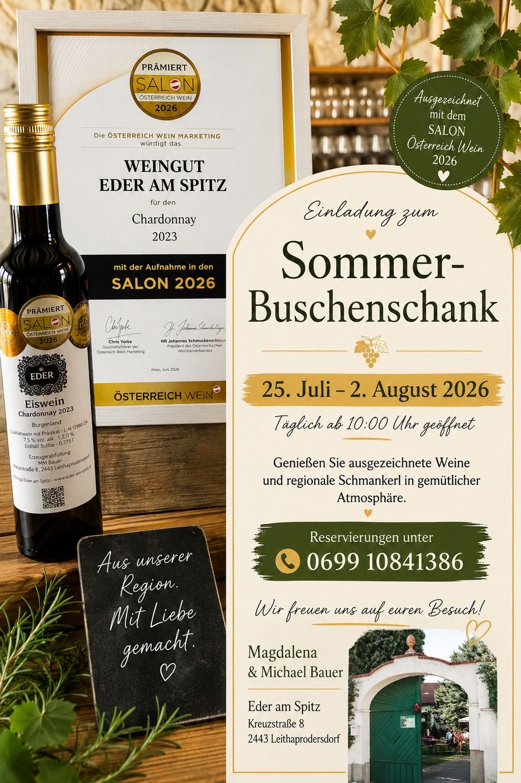 Eine Werbung für eine Weinveranstaltung mit einer Flasche Wein, die mit 'Eder am Spitz' gekennzeichnet ist, und einem Schild, das eine Sommerweinverkostung vom 25. Juli bis 2. August 2026 anbietet.