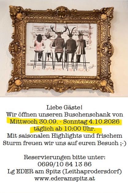 Ein gerahmtes Kunstwerk zeigt vier Personen mit Hirschgeweihen, die an einer Bar sitzen. Das Bild wird von einem deutschen Text über Öffnungszeiten und Reservierungen begleitet.