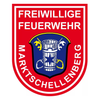 Das Bild zeigt das Logo der Freiwilligen Feuerwehr Marktschellenberg, mit einem Schild, auf dem ein Feuereimer und eine Axt abgebildet sind, eingerahmt von einem roten Rand. Der Name 'Marktschellenberg' ist am unteren Rand des Schildes angebracht.
