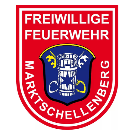 Das Bild zeigt das Logo der Freiwilligen Feuerwehr Marktschellenberg, mit einem Schild, auf dem ein Feuereimer und eine Axt abgebildet sind, eingerahmt von einem roten Rand. Der Name 'Marktschellenberg' ist am unteren Rand des Schildes angebracht.