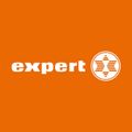 Orange Hintergrund mit weißem Text 'expert' und einem weißen Logo mit einem geometrischen Design aus Dreieck und Stern.