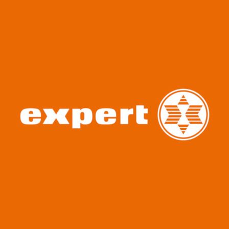 Orange Hintergrund mit weißem Text 'expert' und einem weißen Logo mit einem geometrischen Design aus Dreieck und Stern.