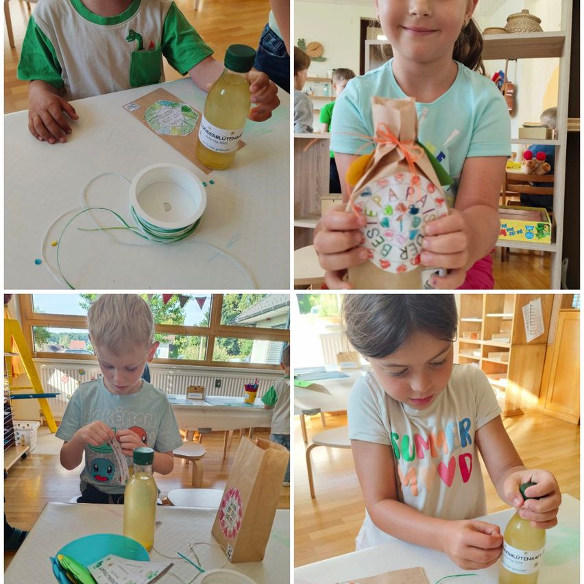 Eine Collage aus vier Fotos von Kindern, die an Bastelarbeiten arbeiten. Das erste Foto zeigt ein Kind, das eine Flasche hält. Das zweite Foto zeigt ein Mädchen, das ein Geschenk hält. Das dritte Foto zeigt einen Jungen, der an einem Bastelprojekt arbeitet. Das vierte Foto zeigt ein Mädchen, das ein Geschenk verpackt.
