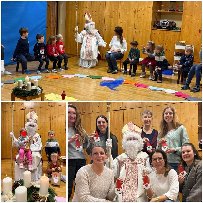 Drei Bilder zeigen ein festliches Zusammensein mit Kindern und Erwachsenen. Im ersten Bild steht eine Weihnachtsfigur mit Bischofsmütze und Stab, umgeben von Kindern auf einer Bank. Im zweiten Bild sitzt der Weihnachtsmann mit einem Mädchen auf dem Schoß, während Erwachsene Weihnachtsornamente halten. Im dritten Bild posieren eine Gruppe von Erwachsenen und Kindern mit dem Weihnachtsmann und einer Bischofsfigur, vor einem festlichen Hintergrund.