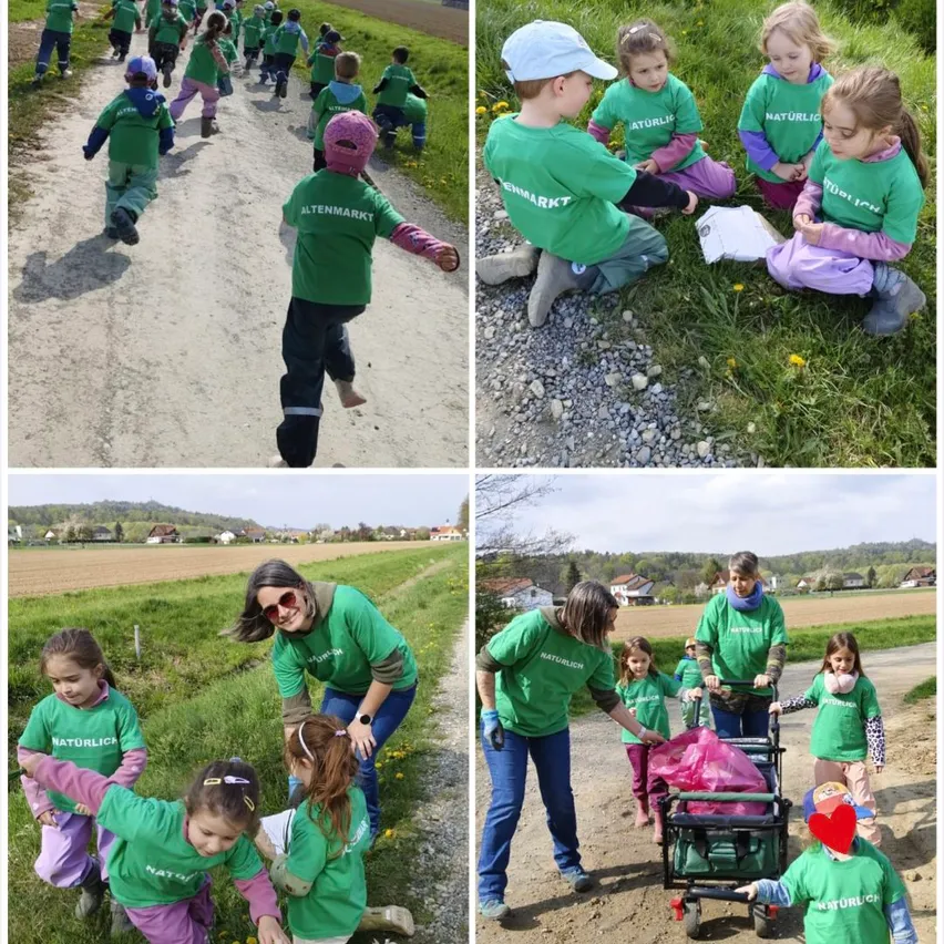 Eine Collage aus vier Bildern. Erstes Bild: Kinder in grünen T-Shirts laufen einen Feldweg entlang. Zweites Bild: Kinder sitzen auf dem Rasen, eines hält eine Karte. Drittes Bild: Eine Frau hilft Kindern beim Aufsammeln von Müll. Viertes Bild: Erwachsene helfen Kindern mit einem Müllwagen voller Abfall.