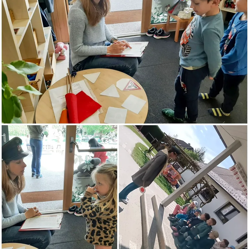 Eine Collage von Fotos zeigt Kinder in einem Klassenzimmer, eine Frau beim Schreiben und ein Mädchen, das auf einer Mundharmonika bläst. Ein anderes zeigt ein Kind, das eine Treppe erklimmt, während eine Frau in Uniform zuschaut.
