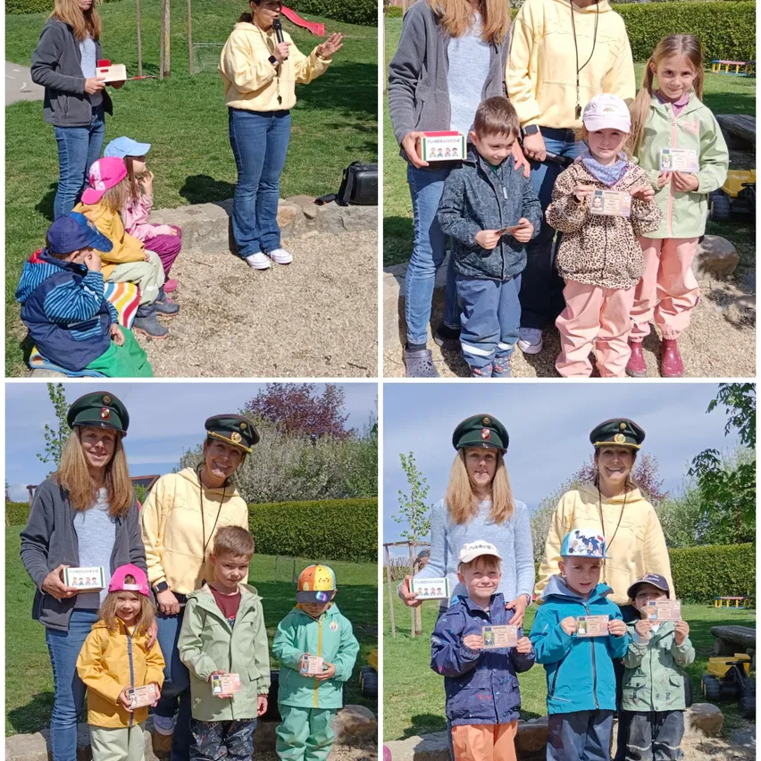 Eine Collage von Bildern zeigt Erwachsene und Kinder in verschiedenen Outdoor-Szenen. Eine Frau hält ein Mikrofon und ein Buch. Kinder halten Urkunden, und zwei Erwachsene tragen Mützen.