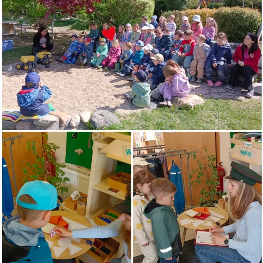 Drei Fotos zeigen Kinder in verschiedenen Umgebungen: im Freien, im Klassenzimmer und drinnen. Eine Gruppe sitzt auf einem Erdkreis, eine andere schaut in ein Buch, und eine dritte schreibt in ein Notizbuch.