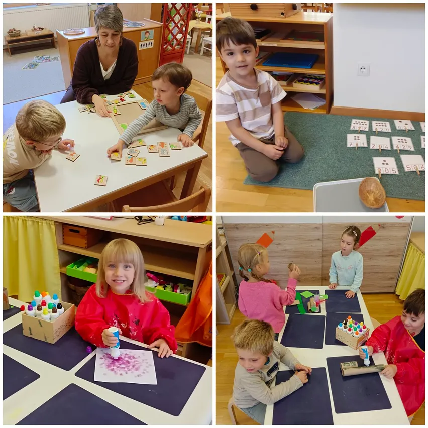 Vier Kinder spielen in einem Klassenzimmer. Ein Kind malt, ein anderes spielt mit Puzzles und zwei sitzen an einem Tisch mit Lernmaterialien.
