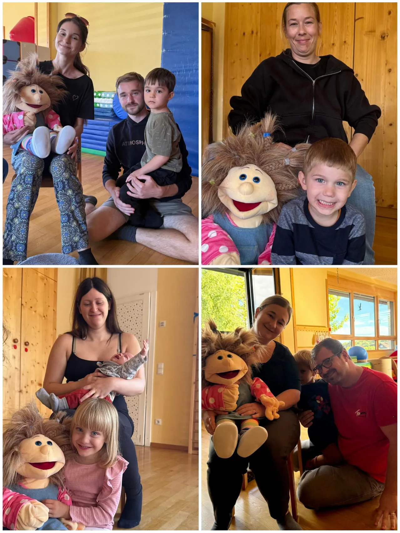 Ein Collage aus vier Bildern, die eine Familie mit Kindern und Puppen zeigen. Das erste Bild zeigt eine Frau, die eine Puppe hält, das zweite einen Mann mit einem Kind, das dritte eine Puppe mit einem Kind und das vierte eine Frau mit einem Baby und einer weiteren Puppe.
