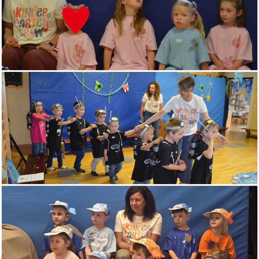 Kinder in thematischen T-Shirts nehmen an einer Kindergartenveranstaltung teil. Eine Gruppe ist Unterwasserforscher mit Taucherbrillen. Eine andere Gruppe sitzt und steht und hört einer Erwachsenen zu.