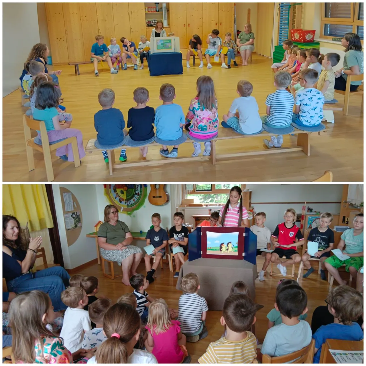 Zwei Bilder zeigen Kinder, die in einem Kreis um eine Erwachsene in einem Raum sitzen. Sie lauschen einer Geschichte oder Präsentation. Ein Bild zeigt Kinder auf Bänken, während das andere Kinder auf dem Boden sitzend zeigt.