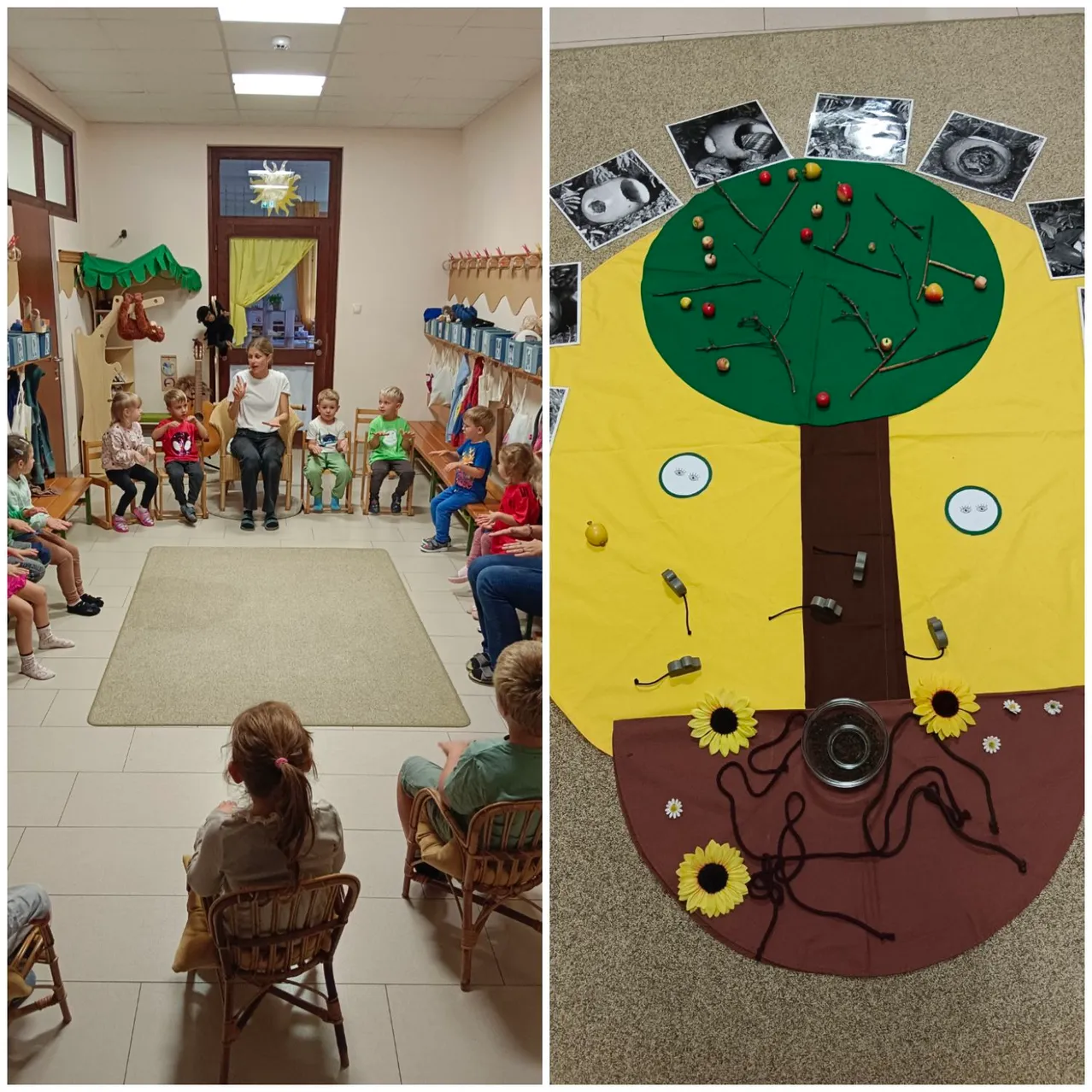 Ein Klassenzimmer mit Kindern auf Stühlen und einer Lehrerin vor ihnen. Ein weiteres Bild zeigt einen Baum mit Äpfeln und Sonnenblumen auf einem gelben Tuch.