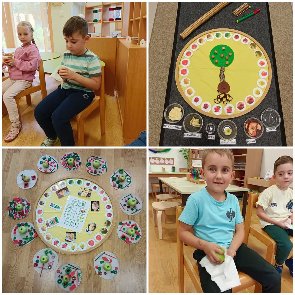Kinder in einem Klassenzimmer, eines schält einen Apfel, ein anderes hält einen Apfel und eine kreisförmige Apfel-Aktivität auf einem Tisch.