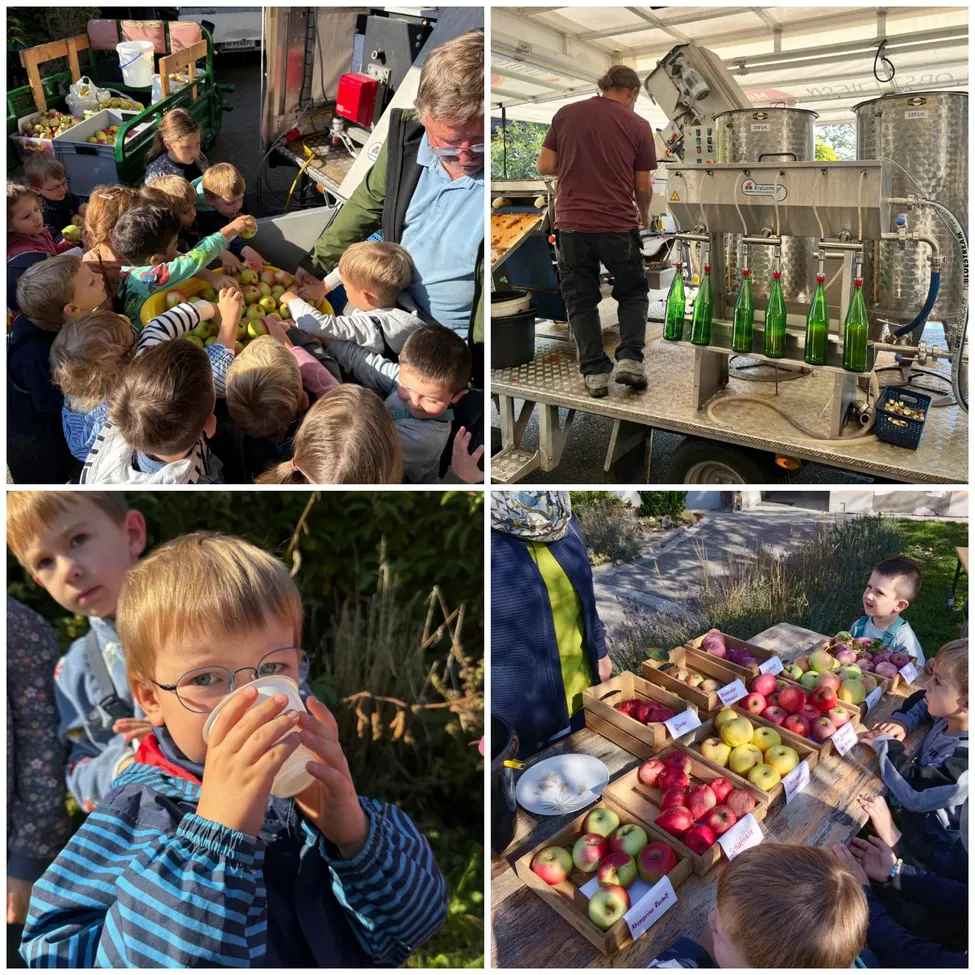 Kinder beim Apfelpflücken, ein Mann bedient eine Maschine und Kinder trinken Apfelsaft.