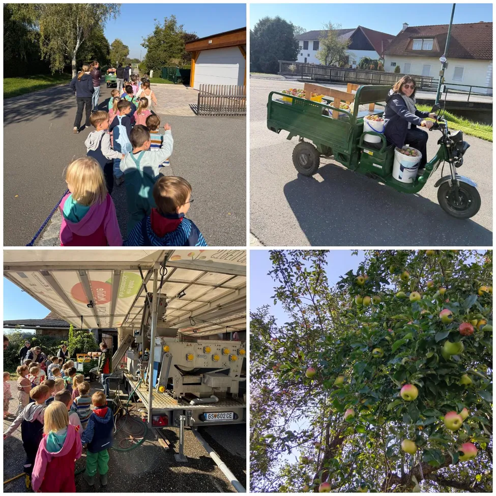 Eine Collage aus vier Bildern, die Kinder beim Apfelpflücken, eine Frau auf einem grünen Fahrzeug, einen fruchtbehangenen Baum und eine Gruppe von Kindern, die eine Maschine beobachten, zeigt.