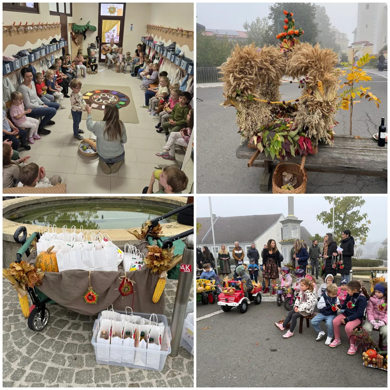 Ein Collage aus vier Bildern. Das erste Bild zeigt eine Gruppe von Kindern, die in einem Kreis sitzen, wahrscheinlich in einem Klassenzimmer. Das zweite Bild ist ein Kranz aus Weizenhalmen auf einer Holzbank. Das dritte Bild ist ein Wagen voller Tüten und Kürbisse. Das vierte Bild ist eine Gruppe von Kindern, die auf einer Bank in einem nebligen Außenbereich sitzen.