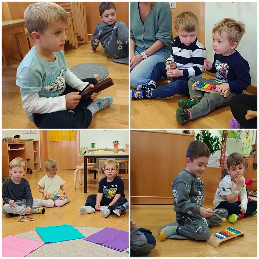 Ein Collage aus vier Bildern, die junge Kinder zeigen, die auf dem Boden sitzen und mit Musikinstrumenten spielen.
