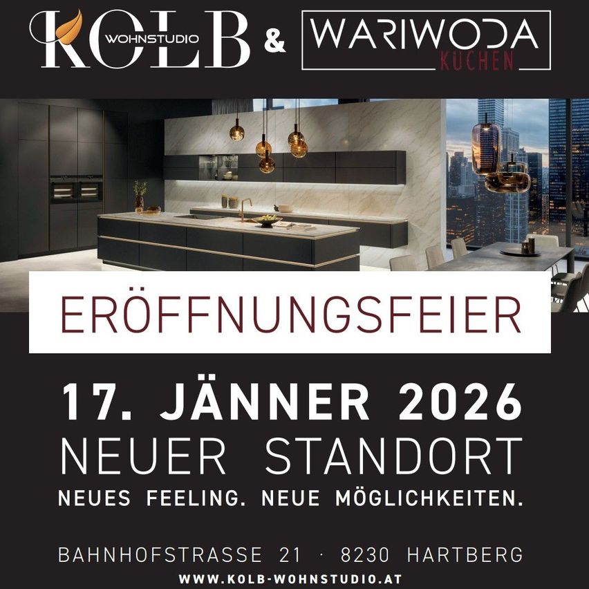 Ein Werbeplakat für die Eröffnung eines neuen Standorts am 17. Januar 2026. Der Laden zeigt ein modernes Küchendesign.
