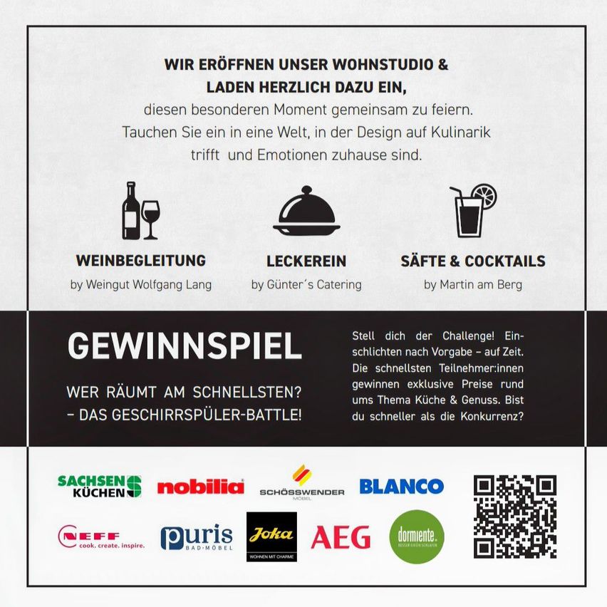 Das Bild zeigt eine Einladung zu einer Veranstaltung mit Wein, Essen und Cocktailstation. Es enthält einen QR-Code, Logos von Sponsoren und ein Herausforderungsspiel für die Gäste. Das Thema ist Küche und Genuss.