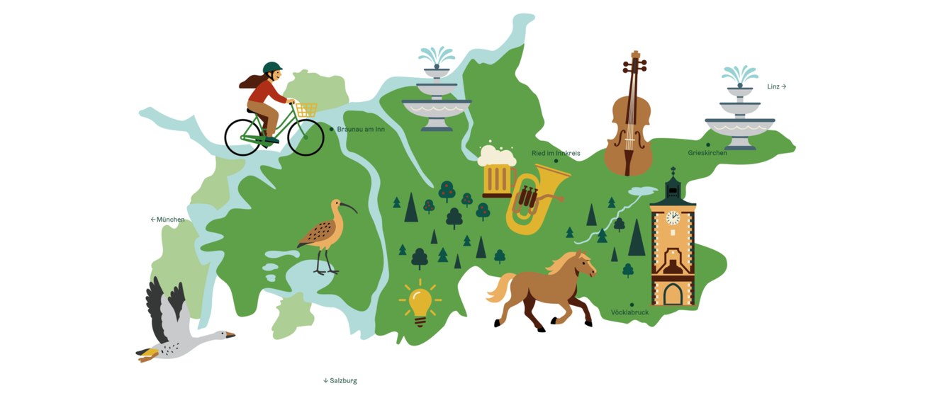 Eine illustrierte Karte, die verschiedene Attraktionen in einer Region hervorhebt, darunter ein Springbrunnen, ein Pferd, ein Uhrturm, ein Geiger, ein Bierkrug, eine Trompete, einen Vogel und einen Radfahrer.