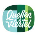 Das Logo für Quellen Viertel, mit einem stilisierten Oval, einem mehrfarbigen Hintergrund und weißem Text.