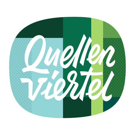 Das Logo für Quellen Viertel, mit einem stilisierten Oval, einem mehrfarbigen Hintergrund und weißem Text.