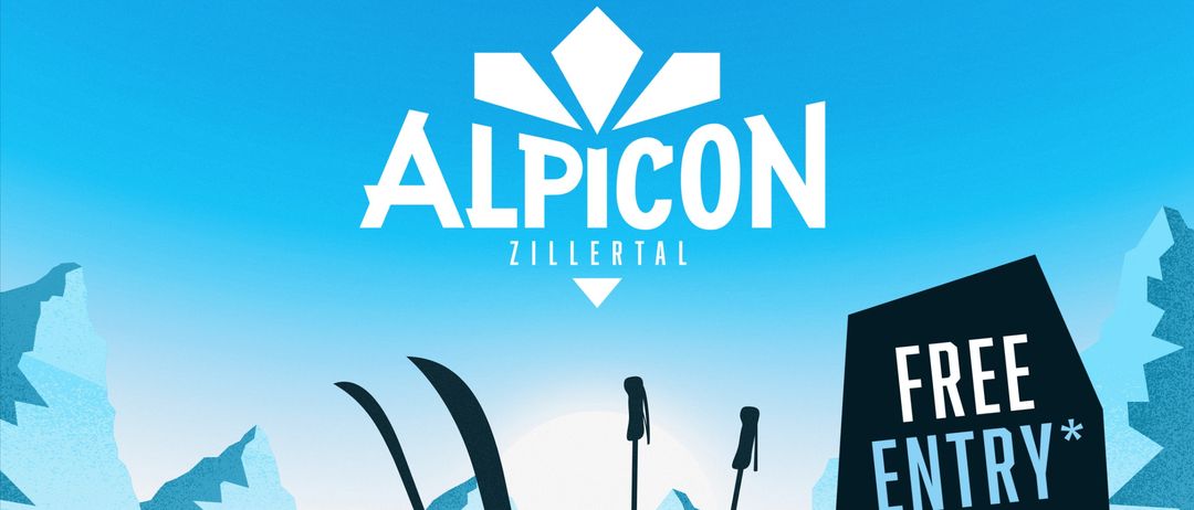 AlpiCon in Zillertal, ein Ereignis mit kostenlosem Eintritt, bietet Benny Bombata, Chaz Washington, Der Alte, Lesano, Lovra, Marco Fehr, Nena Polap und Ozalid. Das Plakat zeigt Skier und Stöcke auf einem verschneiten Berg.