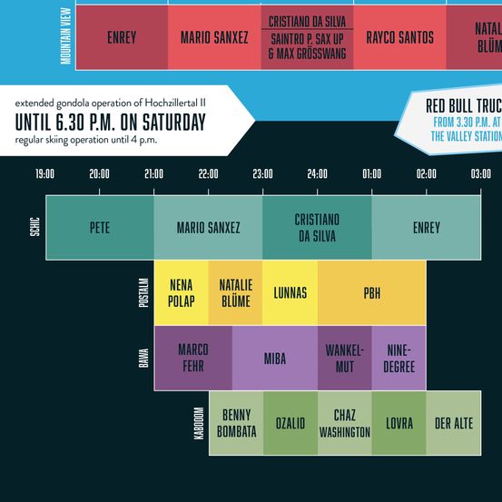 Ein Zeitplan mit musikalischen Auftritten in einem Skigebiet mit Zeiten und Künstlern wie Enrey, Natalie Blume und Christiano da Silva. Verlängerung der Gondelbetrieb bis 18:30 Uhr am Samstag. Regelmäßiges Skifahren bis 16 Uhr.