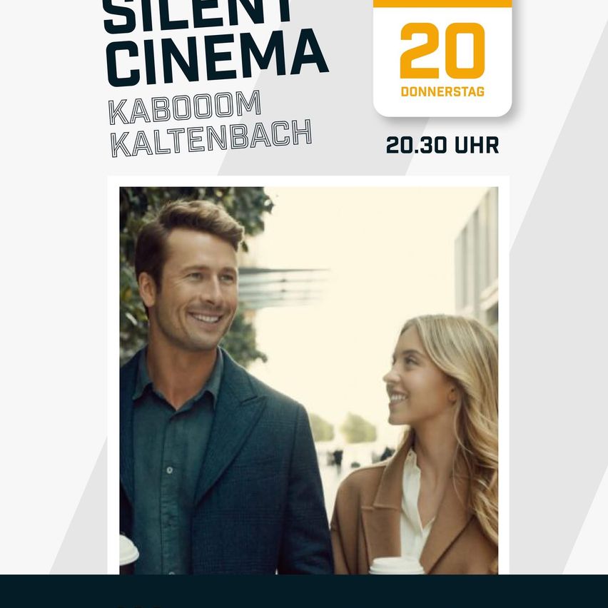 Ein Plakat für eine Stummfilmveranstaltung mit einem lächelnden Mann und einer Frau, Datum und Uhrzeit sind angegeben.