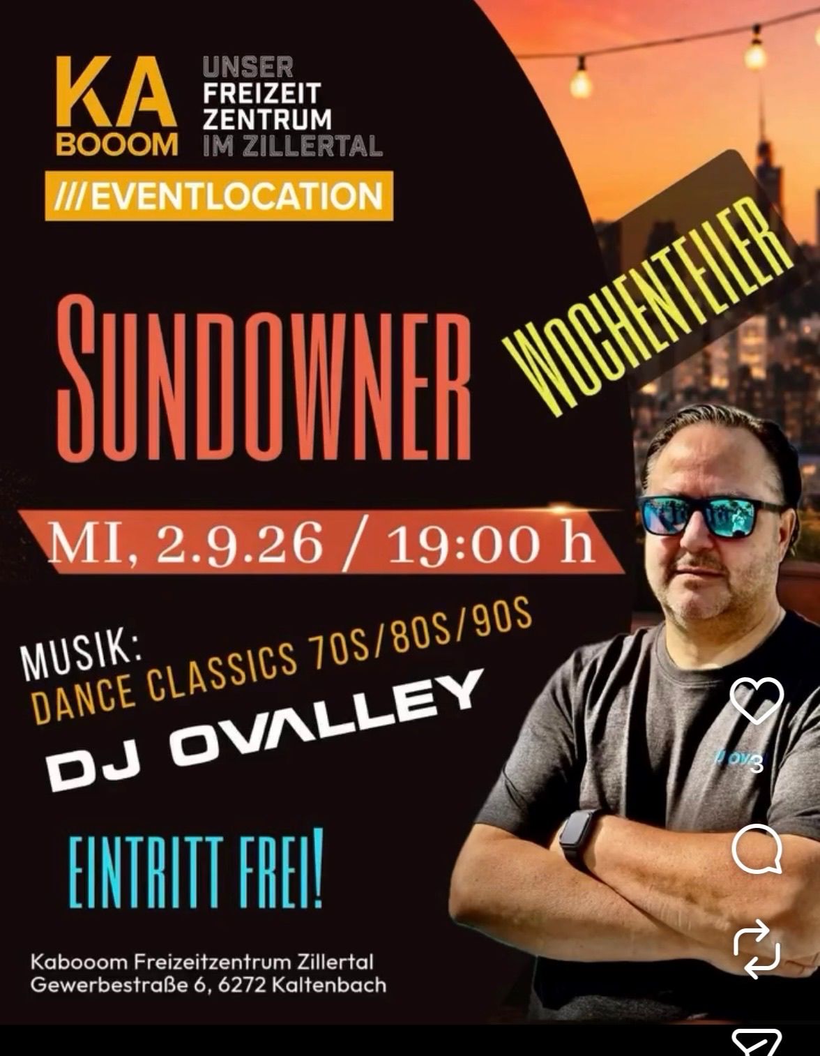Eine Werbung für eine Musikveranstaltung mit DJ Ovalley, der Tanzklassiker aus den 70er, 80er und 90er Jahren spielt. Die Veranstaltung ist kostenlos und findet am 2. März 2026 um 19:00 Uhr statt. Der Mann im Bild trägt eine Sonnenbrille und eine Uhr.