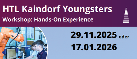 Workshop for learning to program and build electronic circuits at HTL Kaindorf on November 29, 2025 or January 17, 2026, from 8:30 to 12:30. For ages 13 and up. QR code for registration.