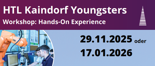 Workshop zum Programmieren und Bauen elektronischer Schaltungen an der HTL Kaindorf am 29.11.2025 oder 17.01.2026 von 8:30 bis 12:30 Uhr. Für Alter 13+. QR-Code zur Anmeldung.