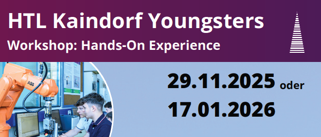 Praktisches Workshop zur Programmierung und dem Aufbau elektronischer Schaltungen an der HTL Kaindorf. Termine: 29.11.2025 oder 17.01.2026. Zeit: 08:30-12:30. Altersgrenze: 13+. Registrierungs-QR-Code verfügbar.