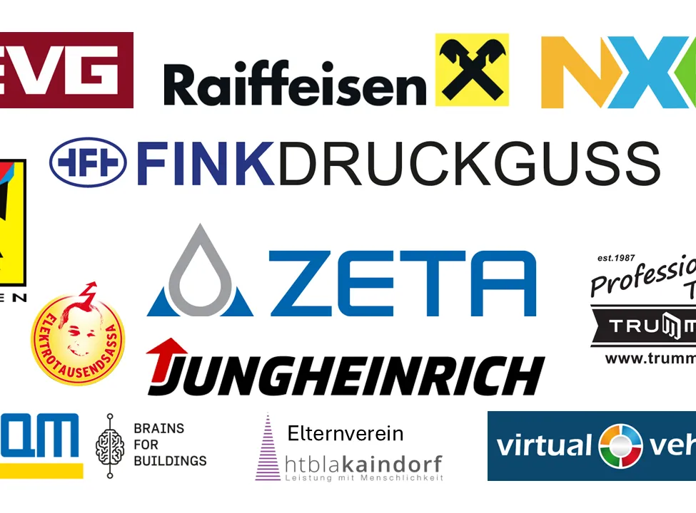 Eine Sammlung von Logos verschiedener Unternehmen wie Raiffeisen, FINK DRUCKGUS, ZETA, Jungheinrich und mehr. Die Logos sind in einem Raster angeordnet mit unterschiedlichen Farben und Designs.