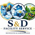 Das Logo von S&D Facility Service zeigt einen Schild mit Reinigungswerkzeugen, einem Haus und einem Rasenmäher, umgeben von Grün. Der Text 'FACILITY SERVICE' ist prominent darunter angezeigt.