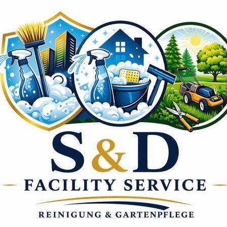 Das Logo von S&D Facility Service zeigt einen Schild mit Reinigungswerkzeugen, einem Haus und einem Rasenmäher, umgeben von Grün. Der Text 'FACILITY SERVICE' ist prominent darunter angezeigt.