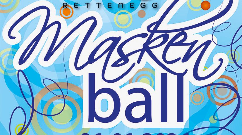 Poster for the 'Masquerade Ball' event by Sport Union Retternetz on January 31, 2026, at Fisch Alm. The poster features a colorful, abstract design with blue, yellow, and red swirls.
