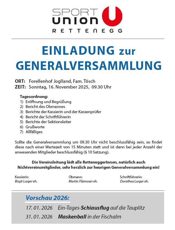 An invitation for the general assembly is posted at Forellenhof Joglland, Fam. Tosch. Date: Sunday, November 16, 2025, 09:30 AM. Agenda: Opening and registration, reports from the treasurer and cashier, treasurer's report, section leader reports, farewells, and general matters. The assembly will be decisive after a 15-minute wait.