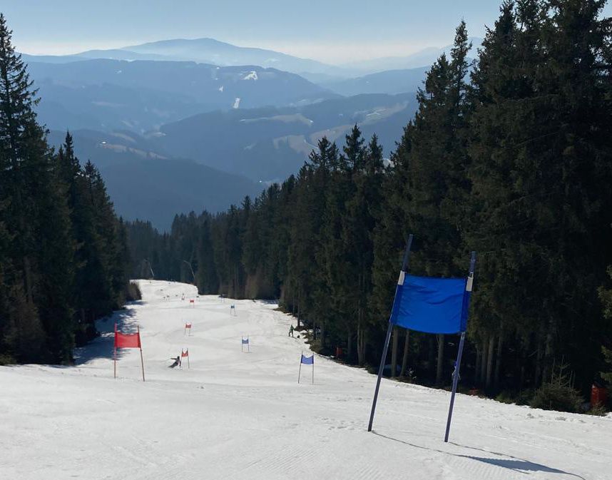 Eine Ski-Piste mit mehreren durch Flaggen markierten Hindernissen, vor dem Hintergrund von Kiefern und fernen Bergen unter einem klaren Himmel.